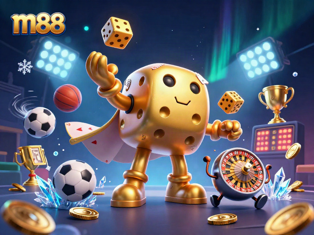 m88 showcases a dynamic casino scene with colorful characters, sports elements, and vibrant lighting.