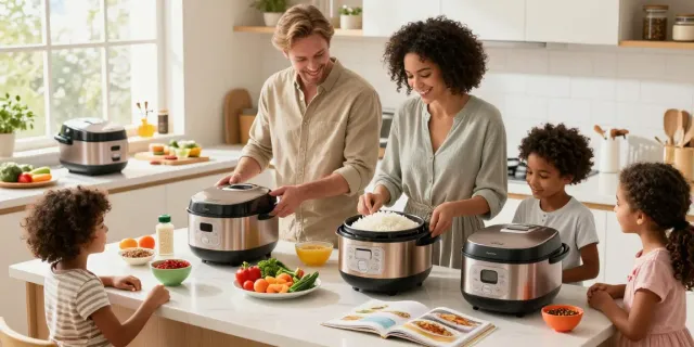 Rice Cooker Price in Bangladesh showcased in a lively kitchen where a family prepares rice together.