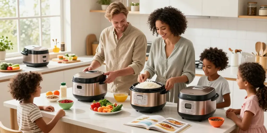 Rice Cooker Price in Bangladesh showcased in a lively kitchen where a family prepares rice together.