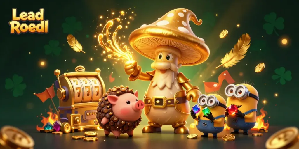 Engage in exciting slots with Lead Roedl's golden mushroom wizard casting luck-filled magic.