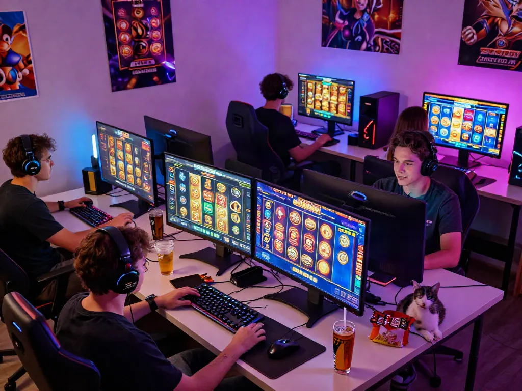 Players enjoying a thrilling online slot gacor gaming session with vibrant monitors and snacks in a cozy atmosphere.