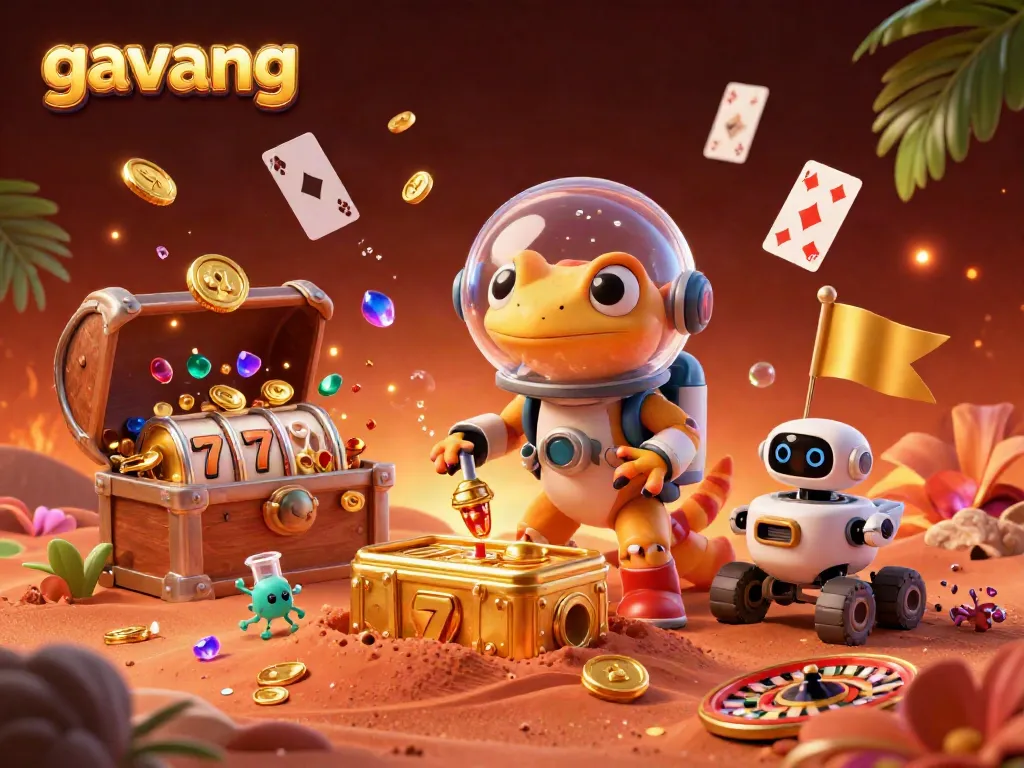 Engage with gavang's thrilling casino adventure featuring Martian gecko, gold coins, and exciting games.