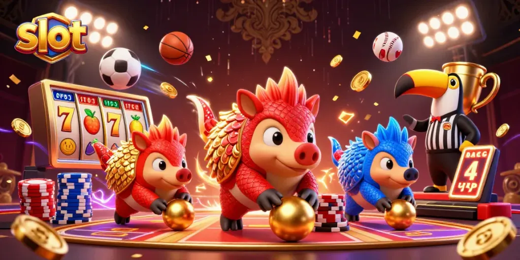 Engage in the exciting slot gaming experience with cartoon pangolins amidst vibrant casino elements.