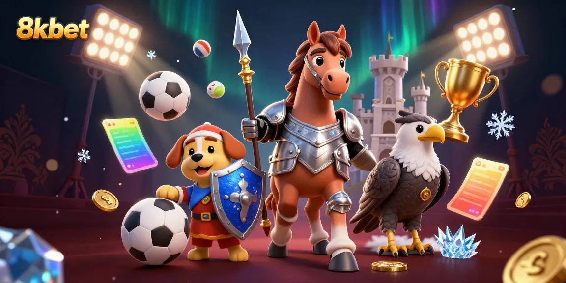 Experience thrilling gaming action at 8xbet with knights and sports elements in a dynamic illustration.