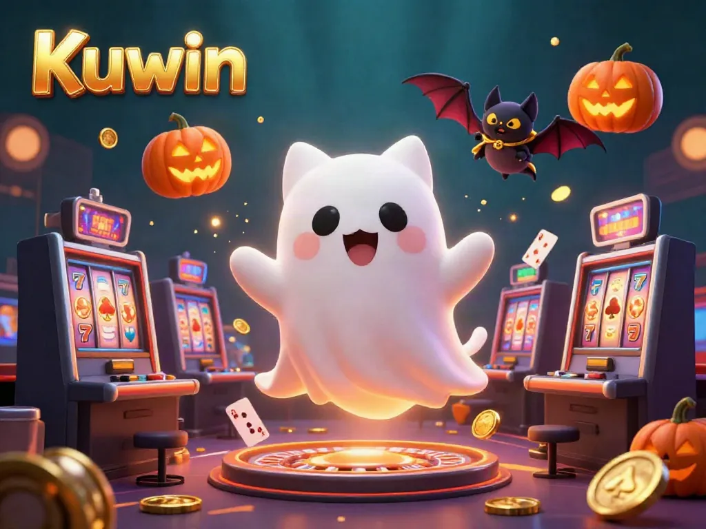 Kuwin gaming casino illustration featuring a friendly ghost cat, a bat, and glowing jack-o-lanterns.