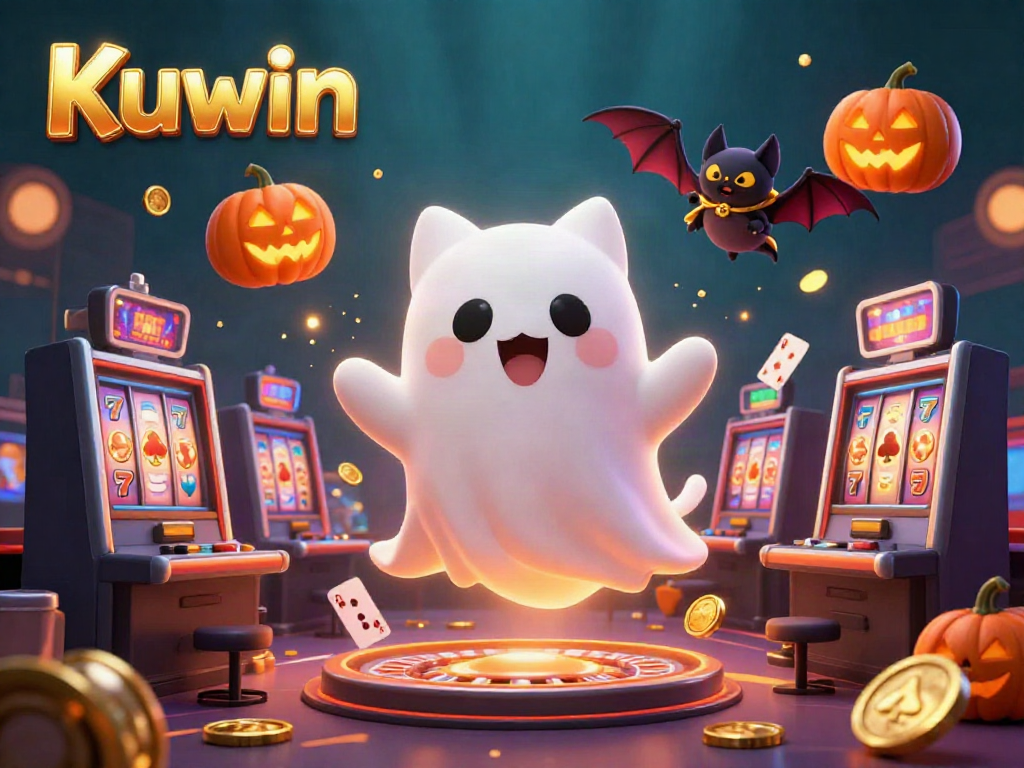 Kuwin gaming casino illustration featuring a friendly ghost cat, a bat, and glowing jack-o-lanterns.