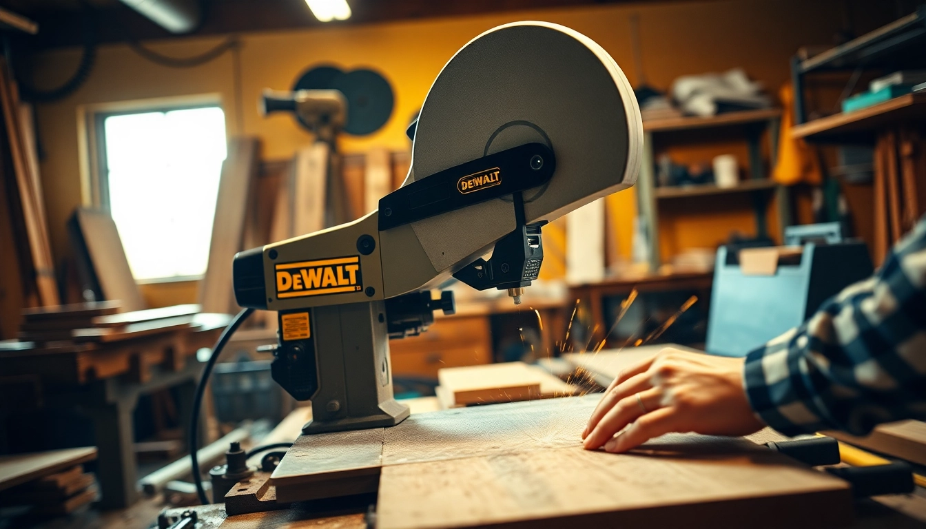 The DeWalt band saw efficiently cutting through wood, showcasing its precision and robust design.