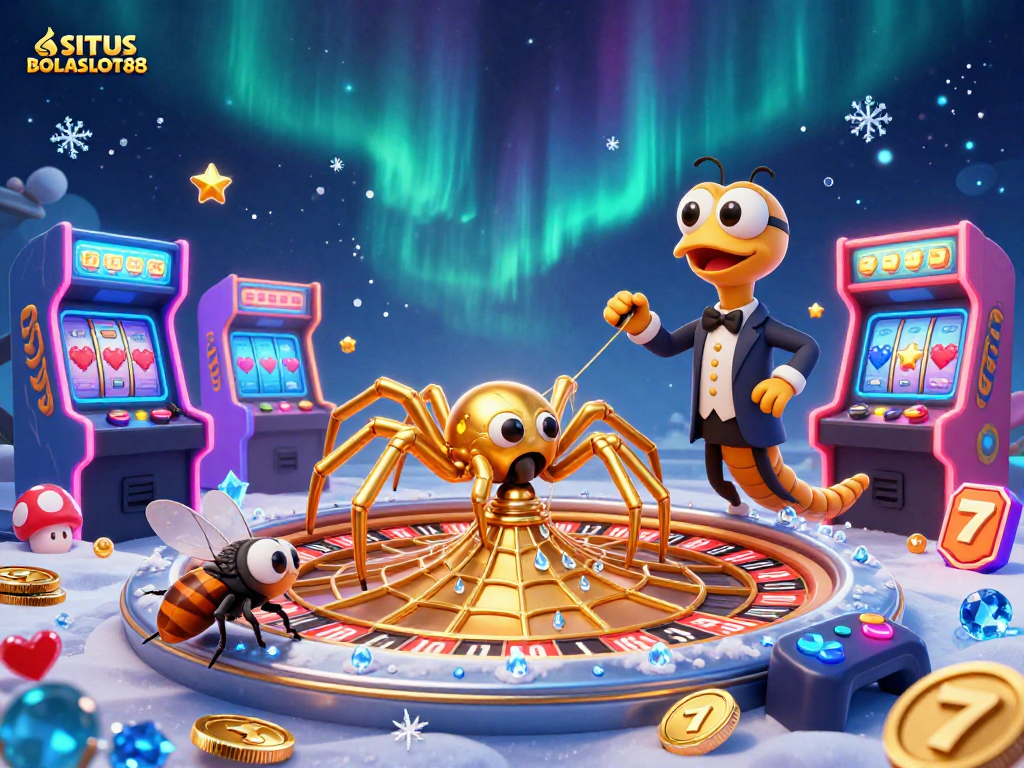 SITUS BOLASLOT88 showcases an engaging 3D scene with a golden spider and a centipede croupier, set in a vibrant gambling environment.
