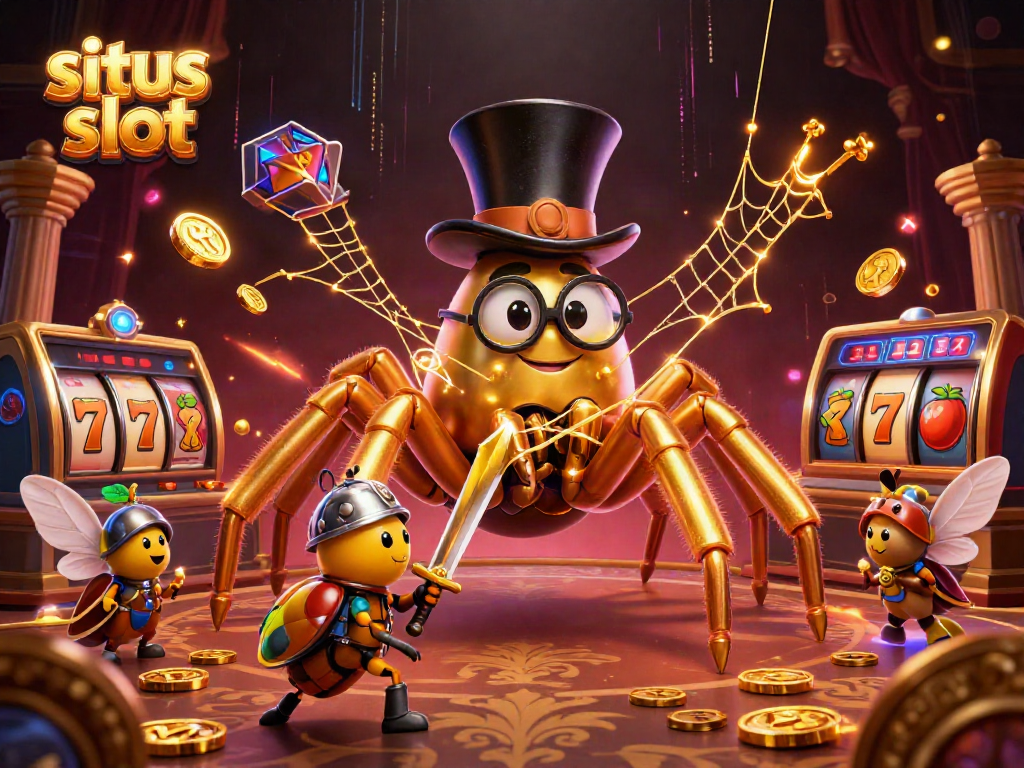 Tarzan laba-laba emas yang menenun jaring emas antara pilar kasino, dengan knight kodok mendekat di situs slot