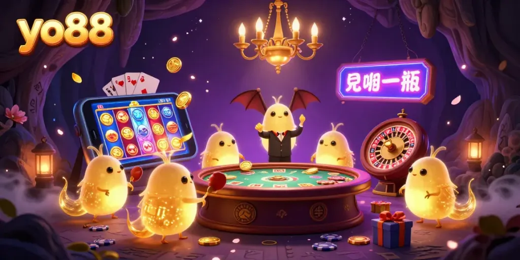 Experience big wins at yo88 casino with vibrant glowworms lighting your gaming adventure in a unique cave!