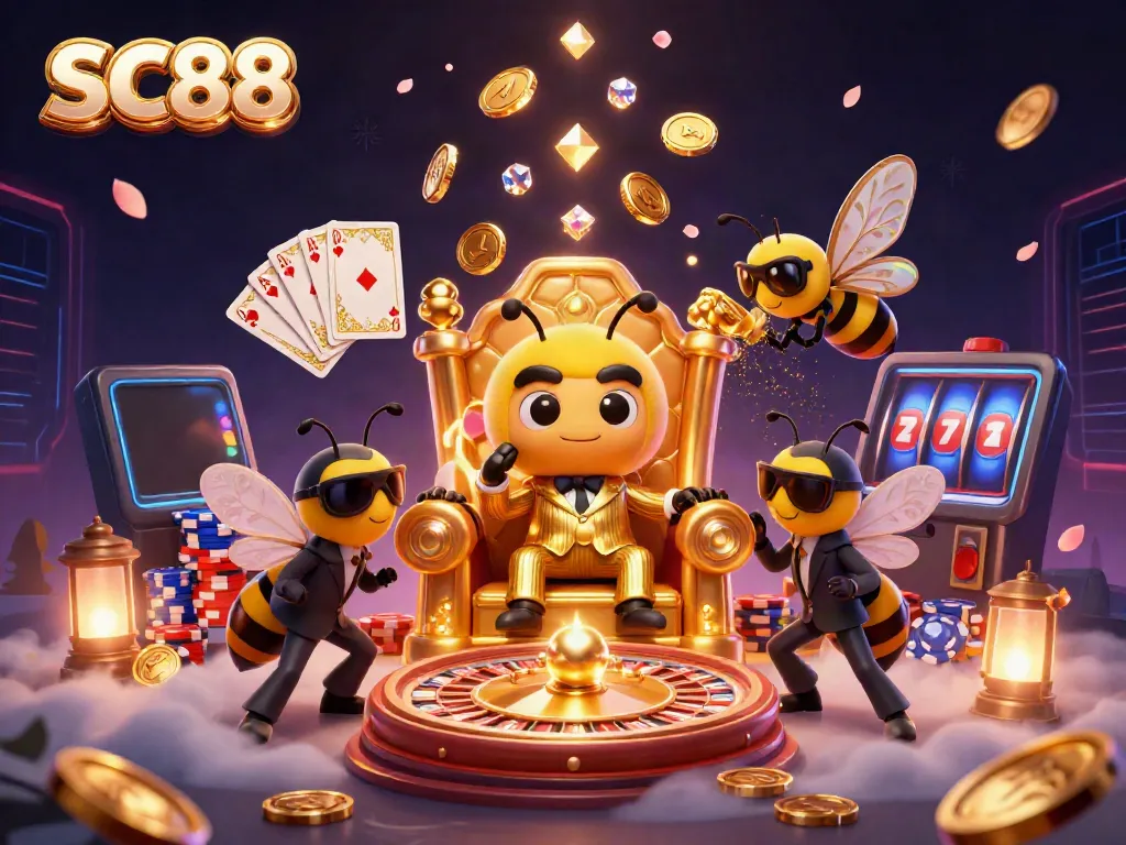 Engage in thrilling games at SC88, illustrated with a vibrant 3D bumblebee mob boss and animated casino elements.