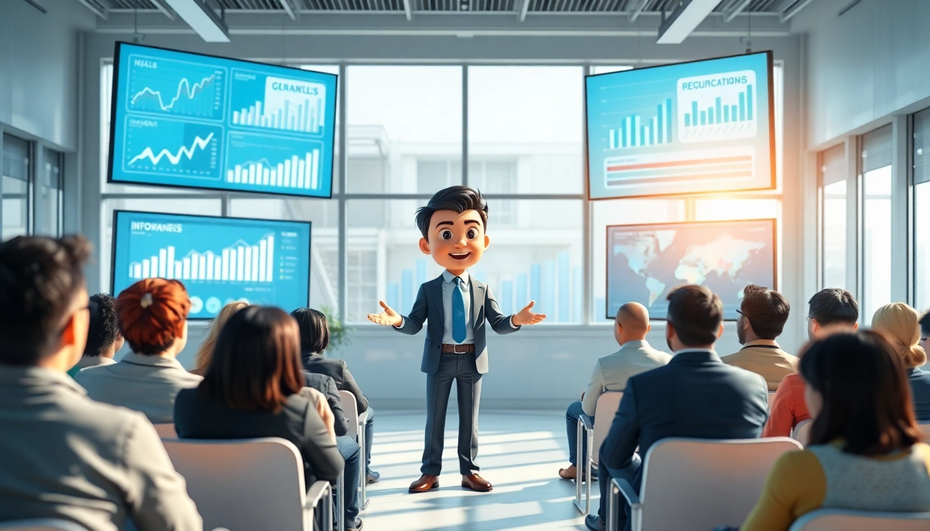 Unternehmensanimation mit einem 3D-Charakter, der eine Präsentation hält.