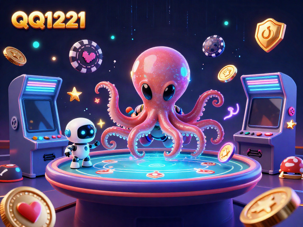 Engage with QQ1221 through a dynamic scene of a cosmic octopus dealing poker at a holographic table.