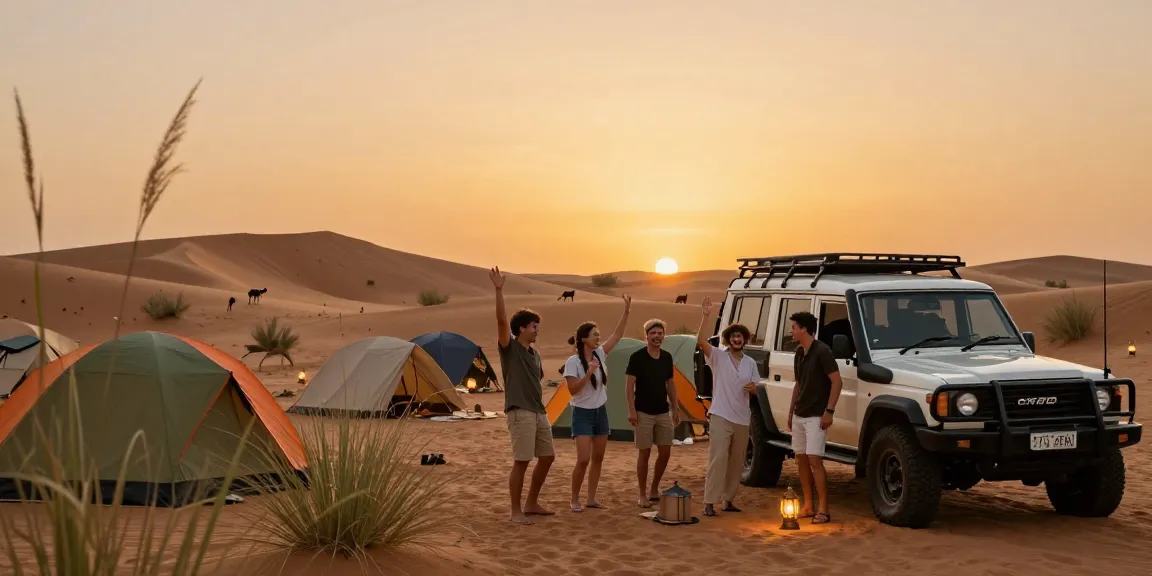 Friends setting up camp during a desert safari, showcasing an adventure in the slot.