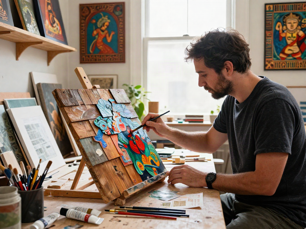 Bruce Bailey creating mixed media art on weathered cedar shingles in his studio, highlighting inspiration from dreams and ancient cultures.