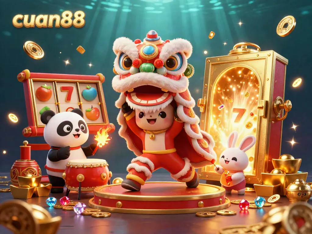 Cuan88 showcases a lively 3D lion dance scene with gold treasures and festive characters, perfect for casino excitement.