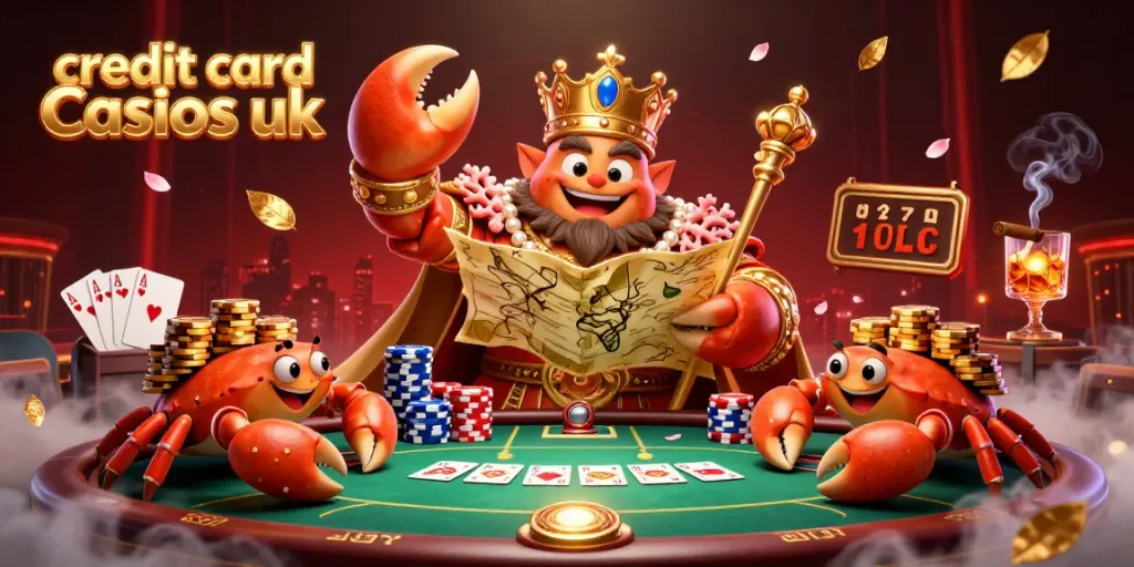 Engage with vibrant scenes at credit card casinos uk featuring a golden crab emperor amidst poker elements.