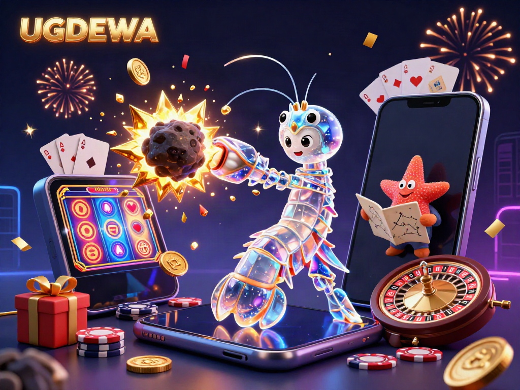 Spin golden coins and gems with UGDEWA as the mantis shrimp samurai battles asteroids in an exciting cosmic slot scene.