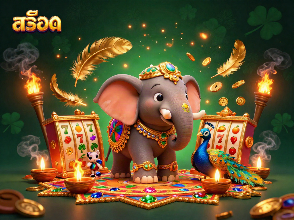 Engage with thrilling สล็อต excitement as the elephant and peacock bring luck in a vibrant casino scene.