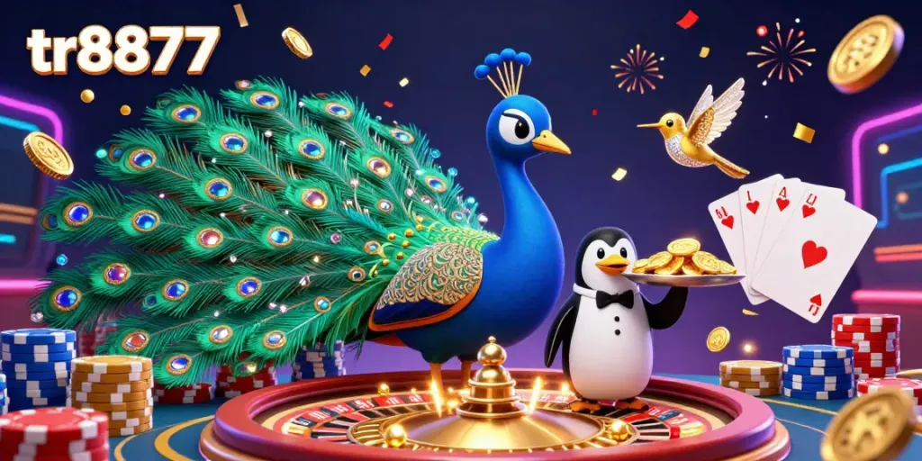 Experience the festive atmosphere of tr8877 casino with a peacock, penguin, and hummingbird in a lively scene filled with sparkling coins.