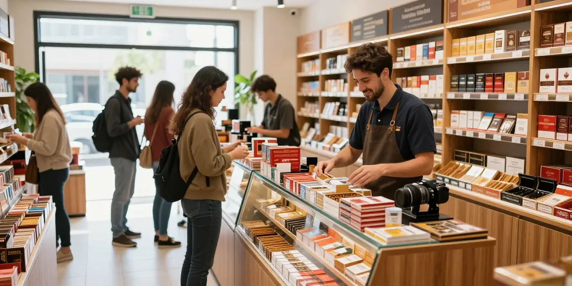 Wholesale cigarette online offerings highlighted in a modern tobacco shop, showcasing diverse brands and organized displays for natural customer engagement.