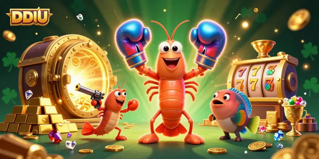 Engage in exciting gameplay with DDUU's vibrant casino illustration featuring stars and treasures.