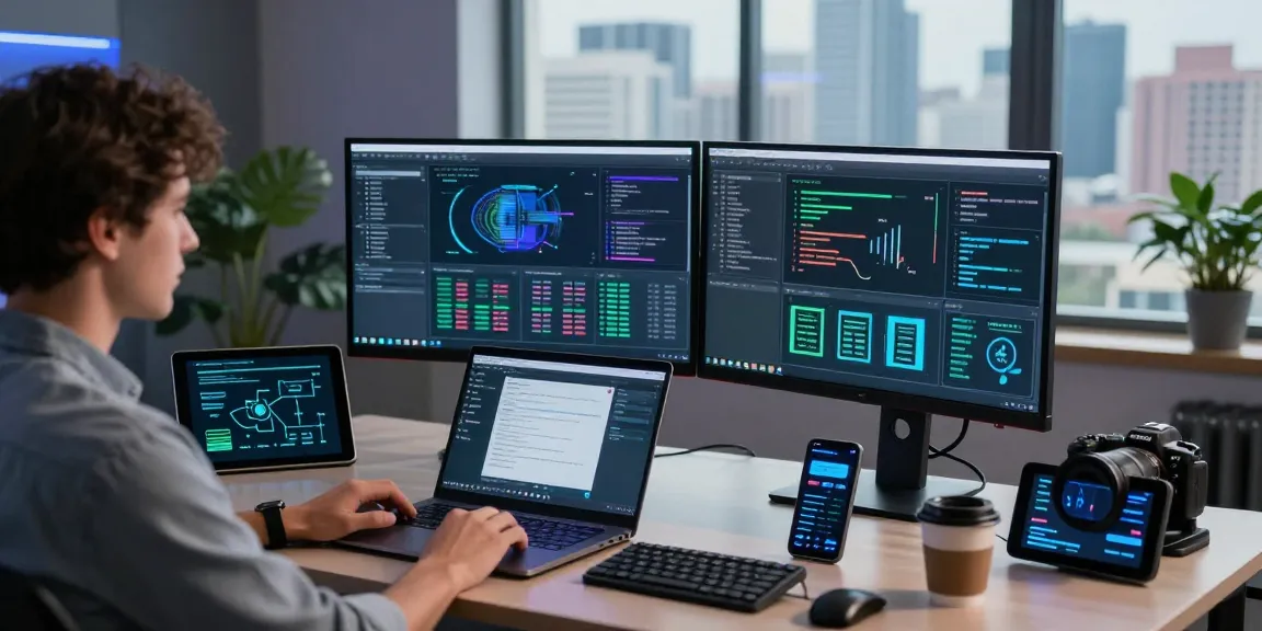 Pengaturan kerja profesional dengan perangkat lunak hypervisor dan konfigurasi mesin virtual di meja.