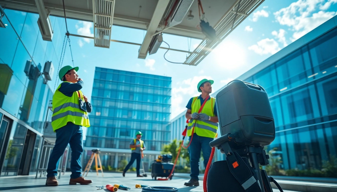 General building maintenance team repairing equipment and enhancing property aesthetics.