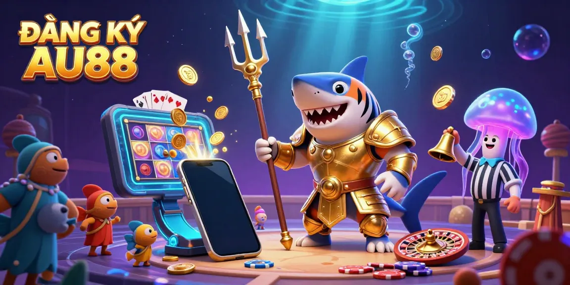 Engage in ĐĂNG KÝ AU88 with a vibrant 3D scene featuring a gladiator shark and immersive game elements.