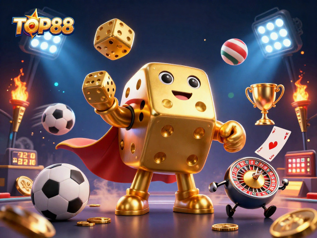 TOP88 showcases a lively 3D dice golem juggling dice within a vibrant sports-themed atmosphere.