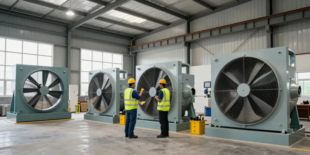 Quạt công nghiệp hoạt động trong kho hàng, tạo không khí thoáng đãng cho nhân viên làm việc hiệu quả.