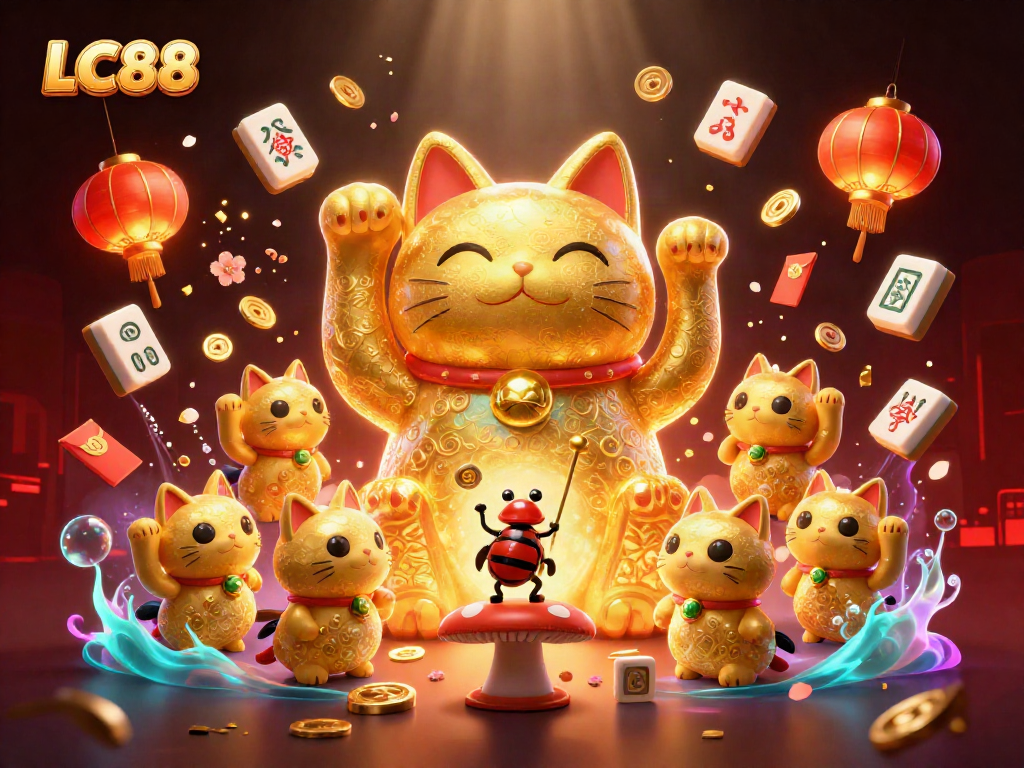 Engage with the enchanting LC88 experience in a vibrant casino setting, showcasing a lucky cat amidst dynamic symbols.
