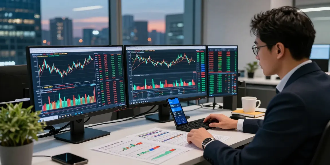 KOSPI index analysis in modern office with stock charts and data.