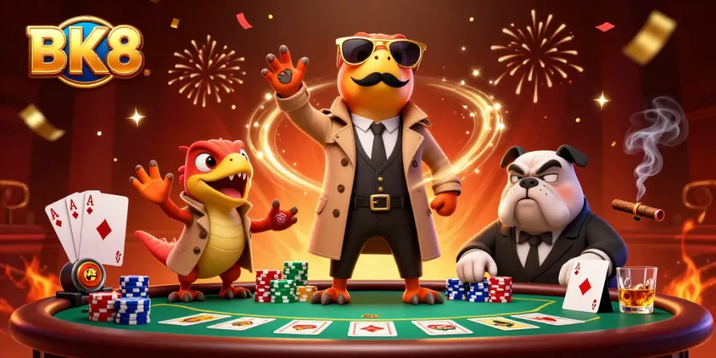 BK8 raptors trying to enter a VIP lounge at a casino, surrounded by poker elements and festive effects