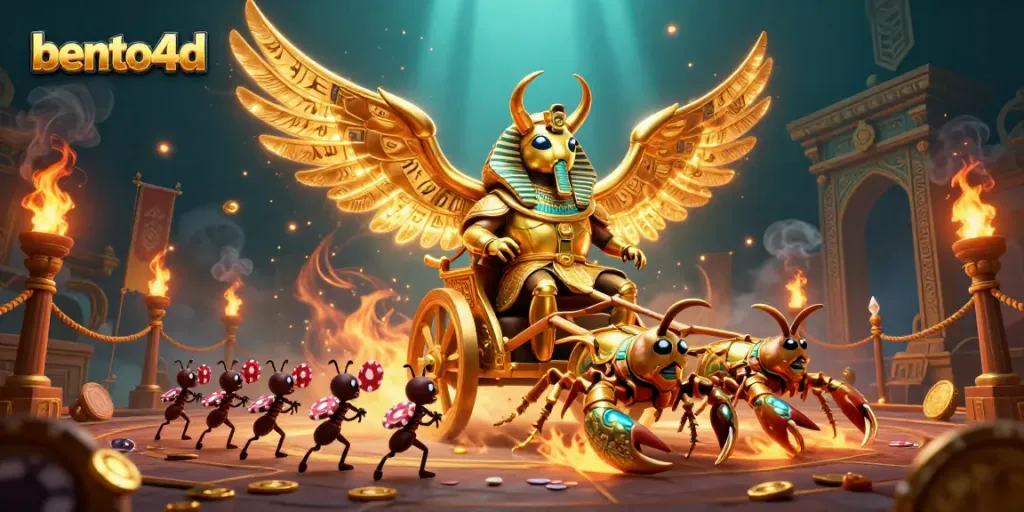 Experience thrilling gameplay with bento4d as a golden scarab beetle leads the casino adventure with poker chips!