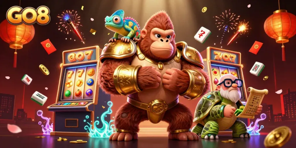 Experience GO8 casino excitement with vibrant slot machines and animated characters.
