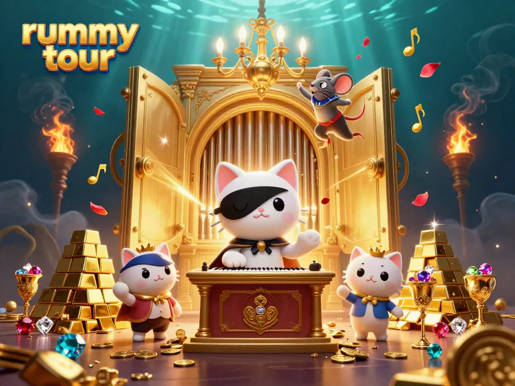Menangkan rummy tour dengan gaya, dikelilingi harta karun dan cahaya berkilauan yang dramatis.