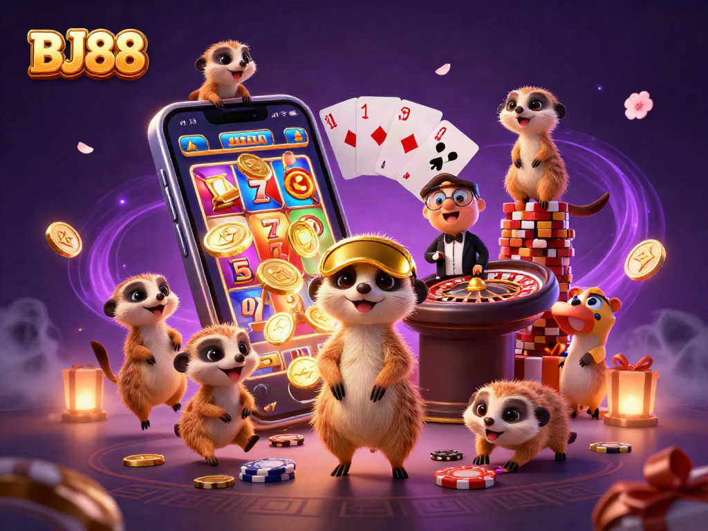 Engage in thrilling gameplay at BJ88 Casino with lively meerkats operating a vibrant casino scene filled with games and excitement.