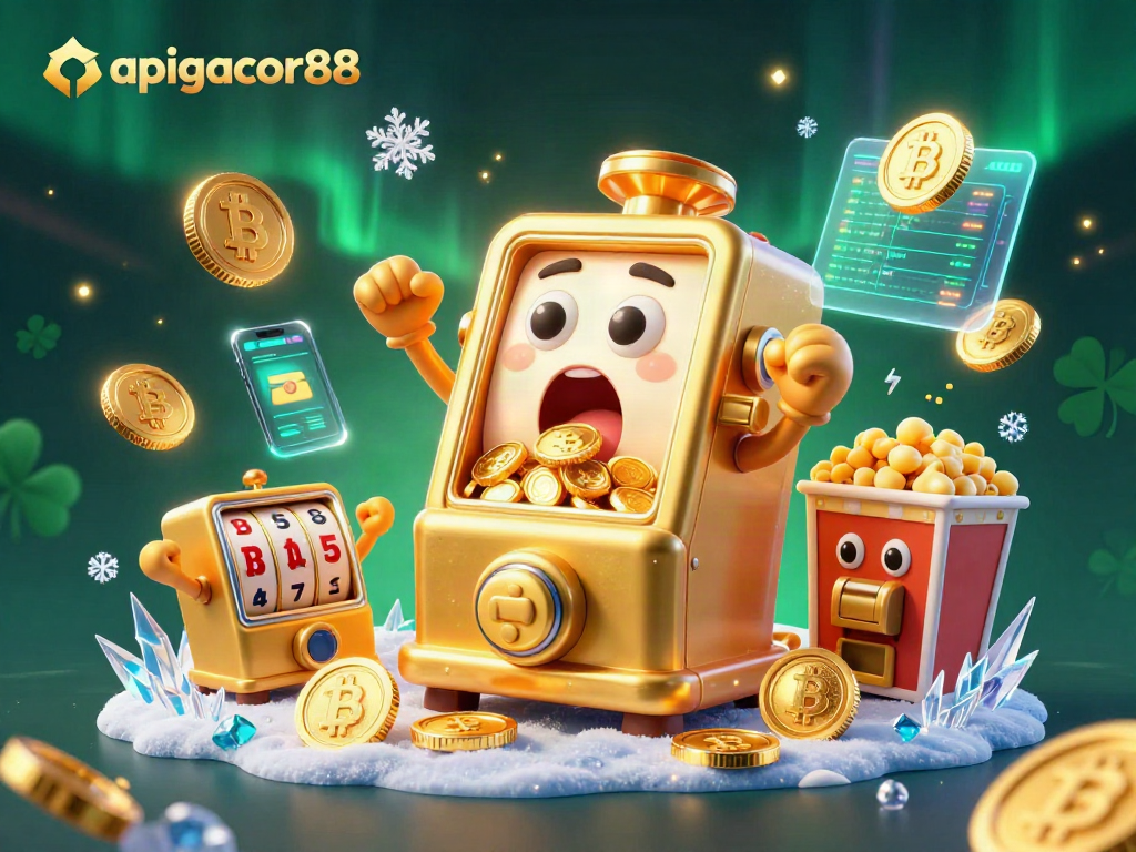 apigacor88 slot machine celebrates a jackpot with coins pouring, amidst vibrant casino elements