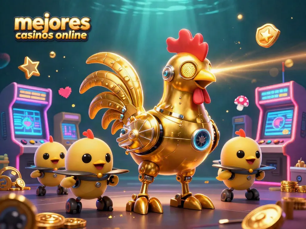 Mejores casinos online con un emocionante diseño 3D de un gallo robot y drones de polluelos.