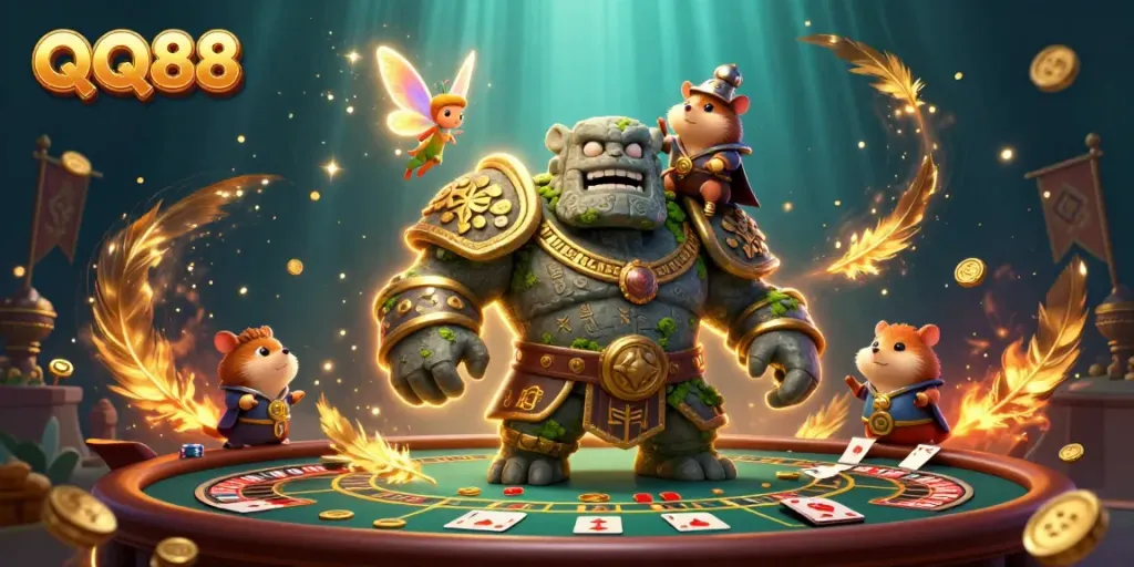 Engage with QQ88's exhilarating live casino gaming experience featuring dynamic characters and vibrant elements.