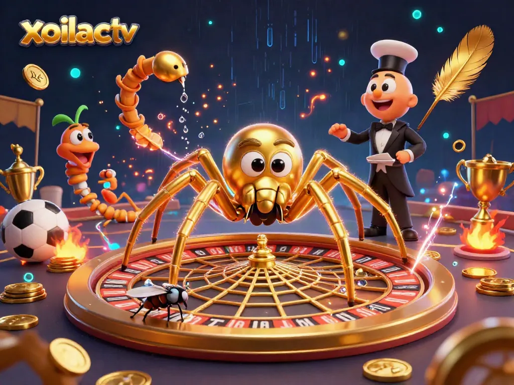 Watch thrilling sports betting action with xoilac tv's vibrant 3D casino scene featuring a golden roulette wheel.