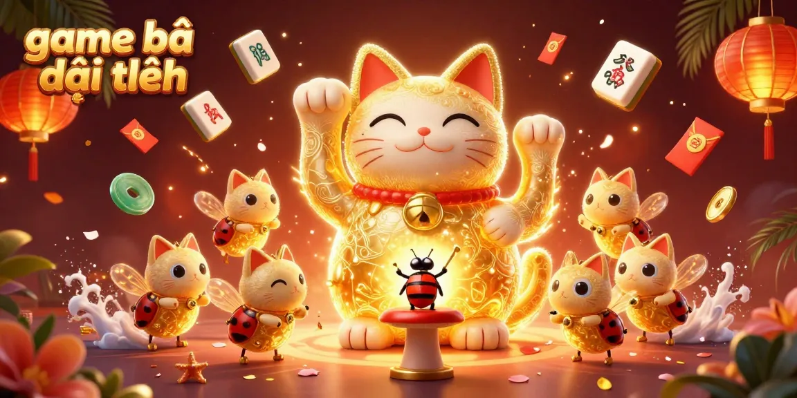 Engage with the vibrant game bài đổi thưởng world, featuring a giant lucky cat and animated casino symbols.