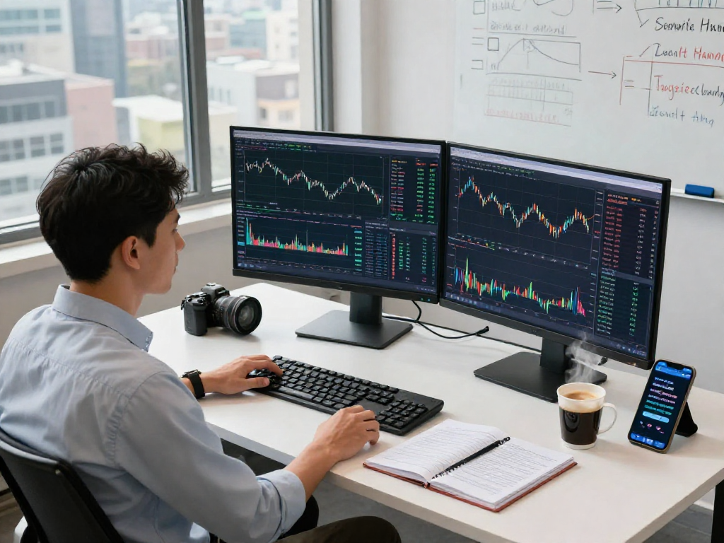 Trader using metatrader 5 on dual screens with market analytics and charts in a modern workspace