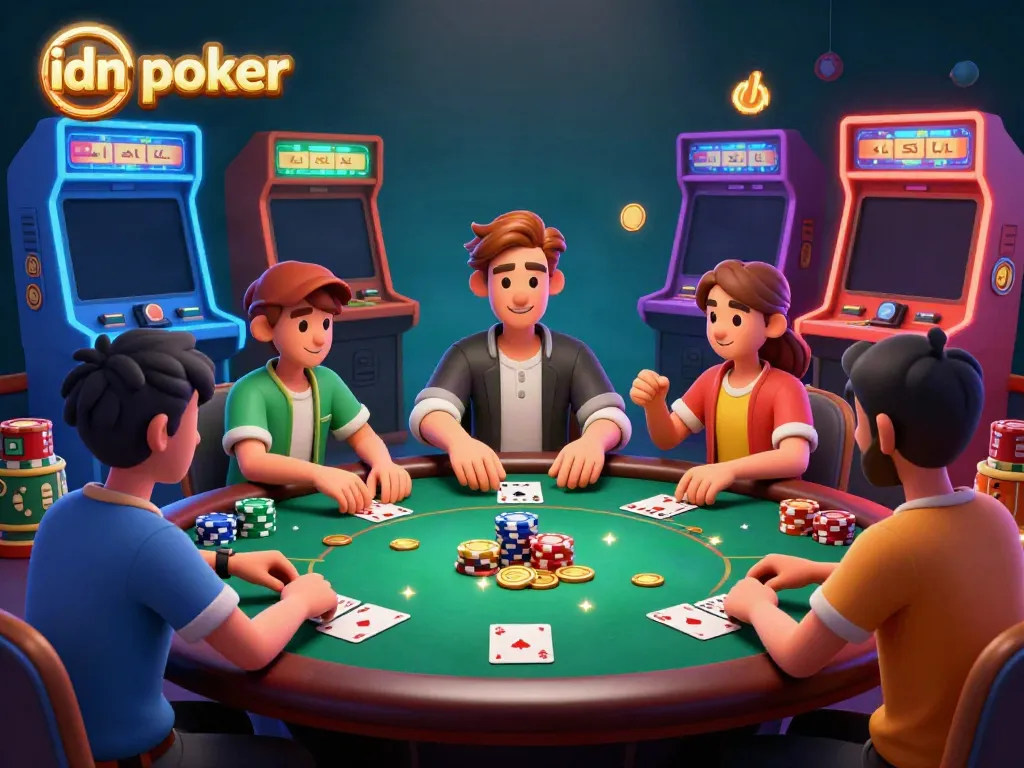Permainan idn poker yang seru dengan pemain dan chip di meja, menciptakan pengalaman kasino online intensif.