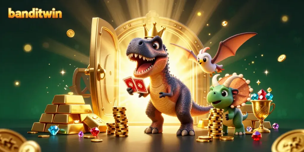 banditwin mengocok kartu dengan T-Rex kartun yang ramah dan pterodactyl membantu, memancarkan kemewahan kasino.