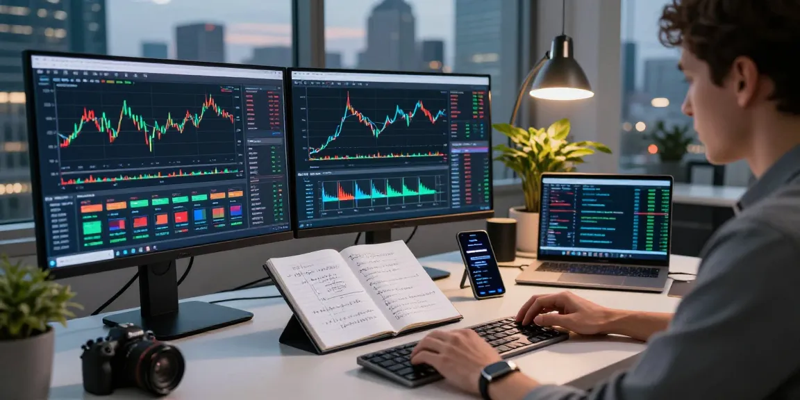 Trader analyzing financial charts on MetaTrader 5 in a modern workspace.