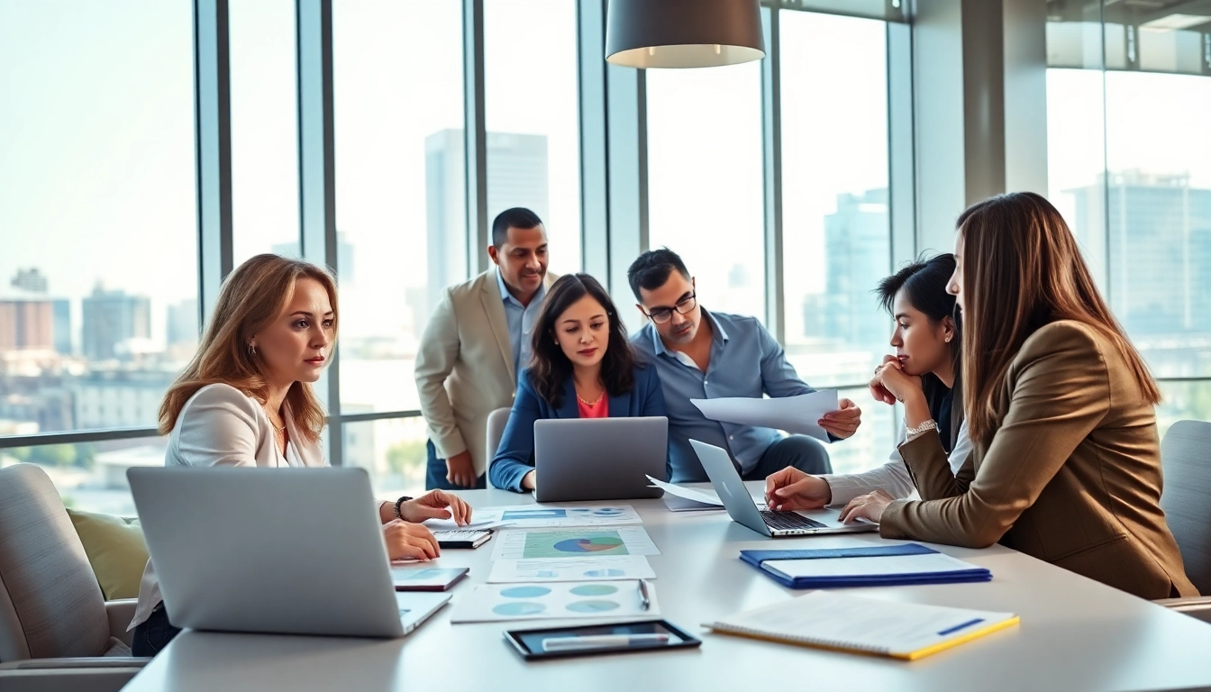Engaged professionals conduct a Bid-No-Bid Analysis in a modern office environment.
