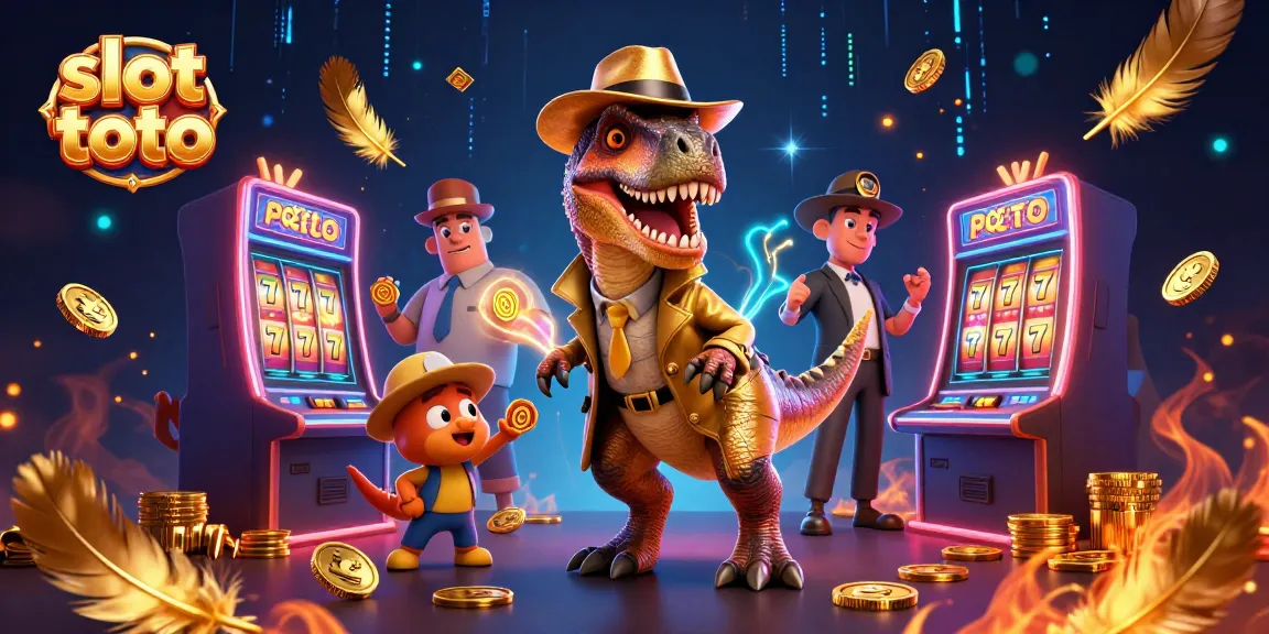 Spin the slot toto machine in a vibrant casino scene with playful dinosaur characters.