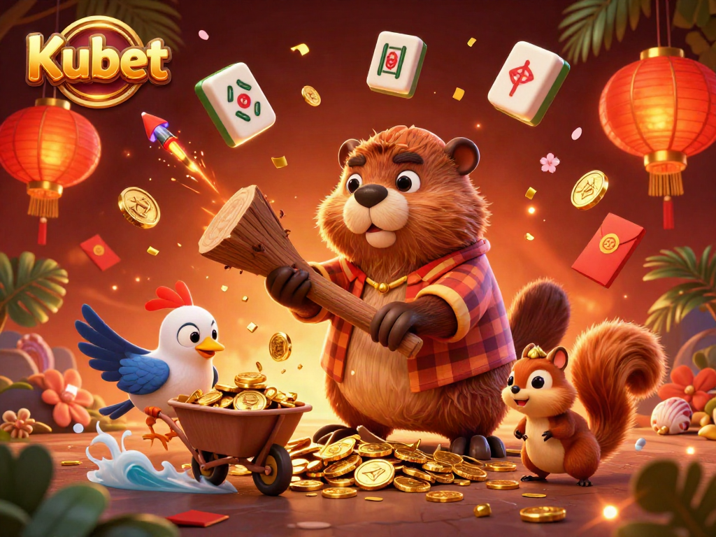 Kubet showcases excitement with a vibrant illustration of a beaver, bird, and squirrel collecting golden coins